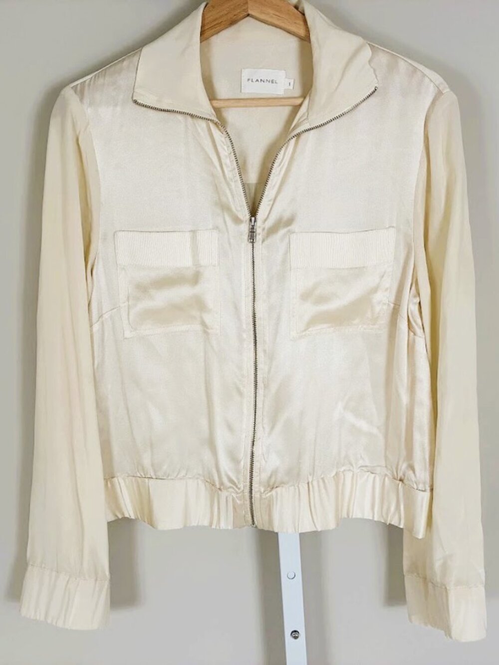 FLANNEL 100% Silk Full Zip Silk Bomber Jacket Cream / Ivory Size 1 (US S)